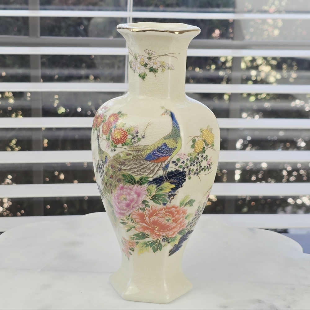 Japanese Satsuma Peacock Ceramic Vase 8" Vintage